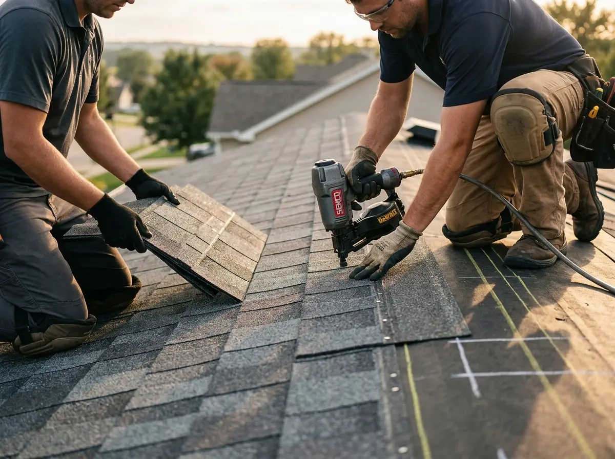 Professional roofer working on a residential roof in Vandenberg Village